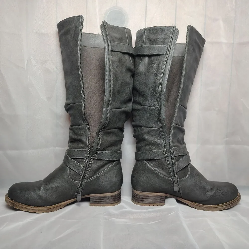 Kadi Maya Charcoal Gray Faux Leather Slouchy Zip Up Knee High Riding Boots sz 8